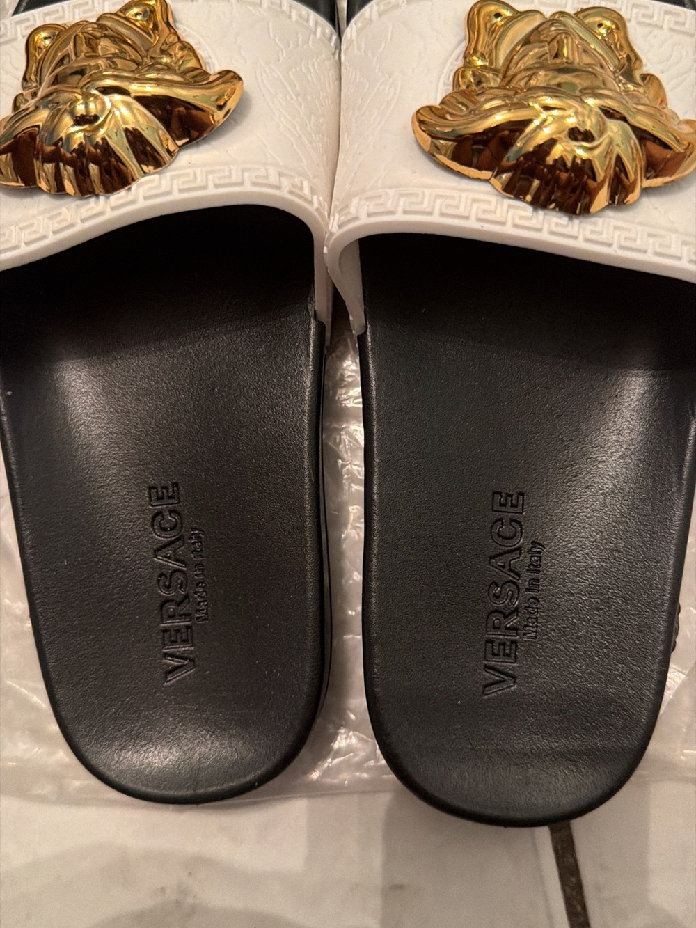 Versace White Slide Sandals with Black Footbed and Gold Medusa